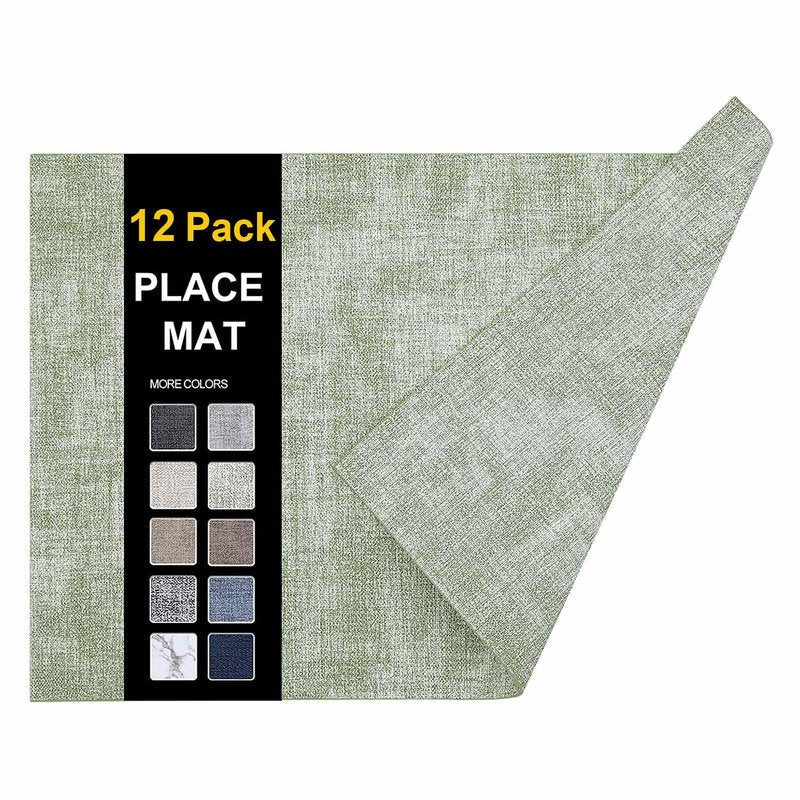 homing Faux Leather Heat Resistant Placemats 12 Packs, Waterproof Wipeable Dining PU Place Mats for Indoor & Outdoor, Easy to Clean, Light Green