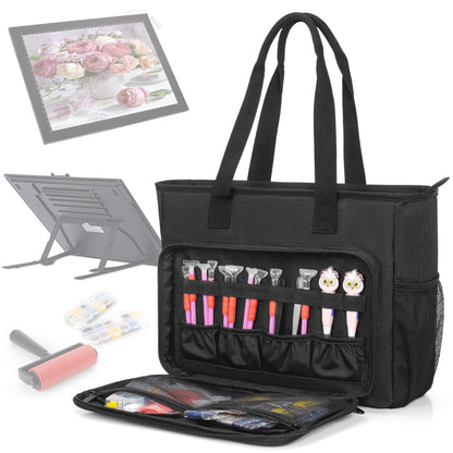 TORIBIO Diamond Painting Tote Bag with Padded Sleeve to Hold A4 Light Pad, Carrying Case for LED Light Pad & Diamond Art Tools/Accessories, 15.4"x12.2"x4.7", Black (Bag Only)