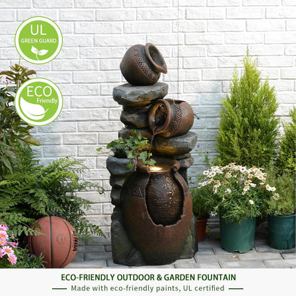 Bumilgar 38.4" H Garden Water Fountain, 3-Tier Cascading Water Features with LED Light, Faux Terracotta Jar Design for Patio, Backyard, Deck, Porch, and Home Art Décor, Brown