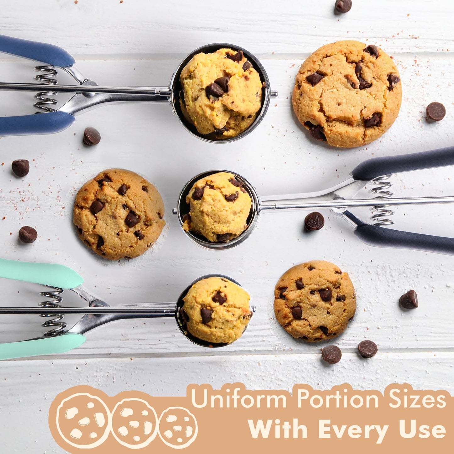 SUNNORN Cookie Scoop set, Cookie Scoops for Baking Set of 3, Size #60/ #40/ #20, Cookie Dough Scoop, Non-Slip Grip, Blue/Black/Mint Handle, For Cookies Muffin Cupcake Meatball Ice Cream