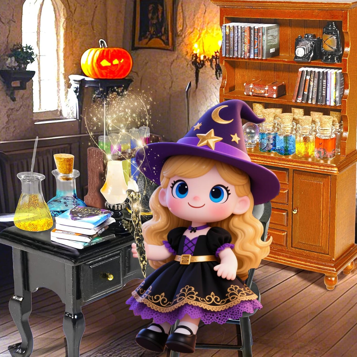 Rileryan 54 Pcs 1:12 Scale Magic Witchy House Kit Halloween Miniatures Furnitures Accessories Mini Wooden Bookshelf Bookcase 30 Mini Books Desk Chair Halloween Decoration Gift
