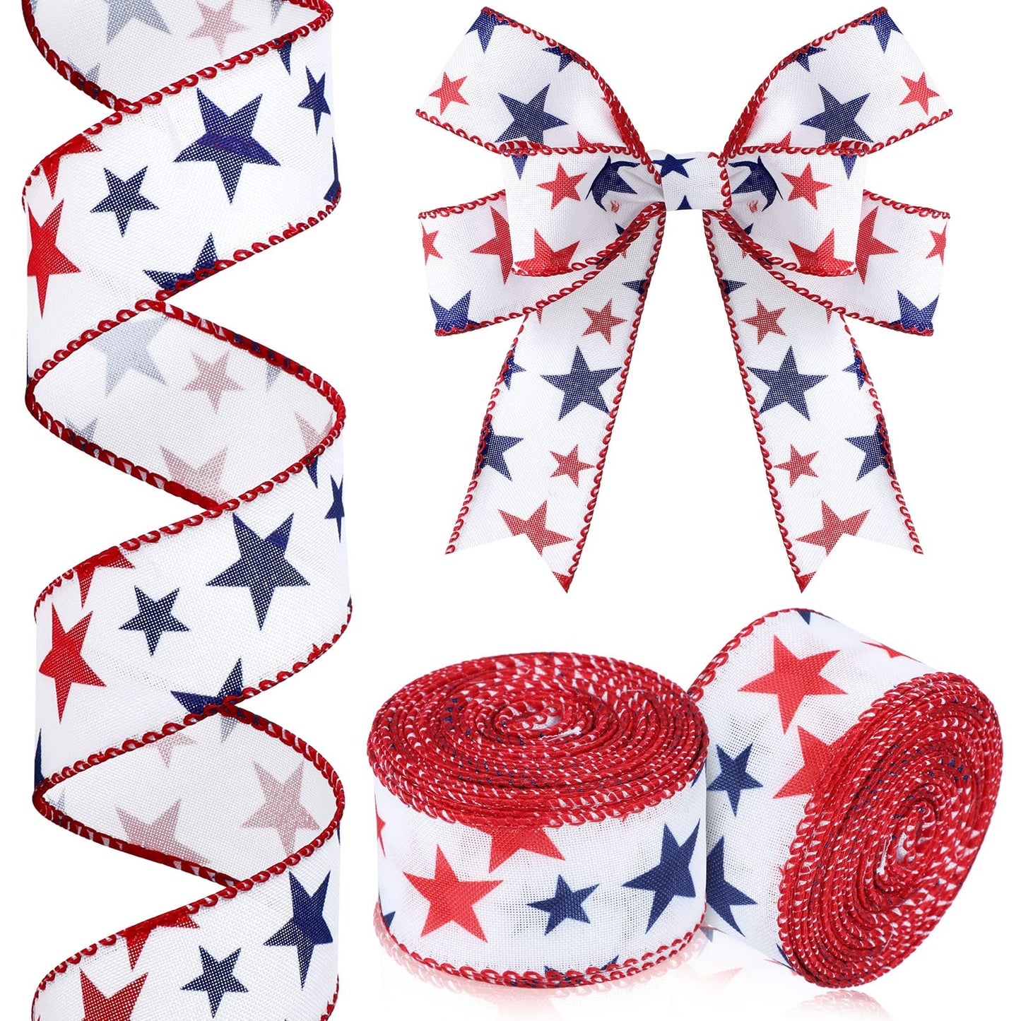 XunYee 2 Rolls Patriotic Ribbons 20 Yards American Red White and Blue Ribbon 4th of July Memorial Day Star USA Fabric Ribbon for Patriot Labor Party Bow Wreath Making DIY Crafts(1.5 Inch)
