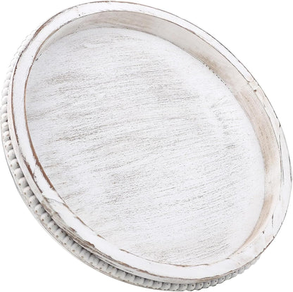 13 Counter, Hrastany Round Wood Serving Tray with Beaded, Rustic Wooden Decorative Coffee Table Tray for Centerpiece