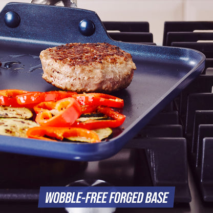 Blue Diamond 11" Nonstick Square Griddle Pan, Non Toxic PFAS-Free Diamond Ceramic, Dishwasher & Oven Safe, Even Heating, Metal Utensil Safe, Warp Control, Blue