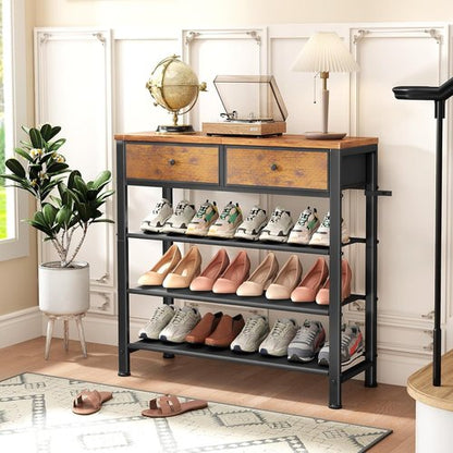 Kitstorack Shoe Rack - 4-Tier Organizer for 9-12 Pairs with 2 Drawers & Rustic Brown Wooden Top