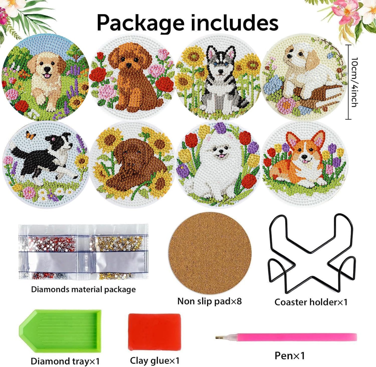 mrpwnle 8 Pcs Dog Diamond Art Coasters Kit for Adults, Cute Dog Diamond Painting Coasters with Holder Cork Pads, DIY Diamond Art Non Slip Coaster Crafts Kits for Adults Beginners Gifts
