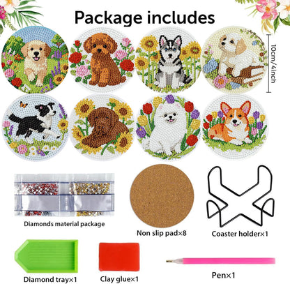 mrpwnle 8 Pcs Dog Diamond Art Coasters Kit for Adults, Cute Dog Diamond Painting Coasters with Holder Cork Pads, DIY Diamond Art Non Slip Coaster Crafts Kits for Adults Beginners Gifts