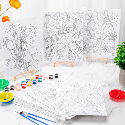 Sherr 96 Pcs 12 Sets Pre Drawn Canvas Kit for Painting Craft Sip and Paint Kit for Adults Pre Printed Canvas Painting Favor for DIY Birthday Gifts Adult's Date Party, 8 x 10 Inches(Flower)