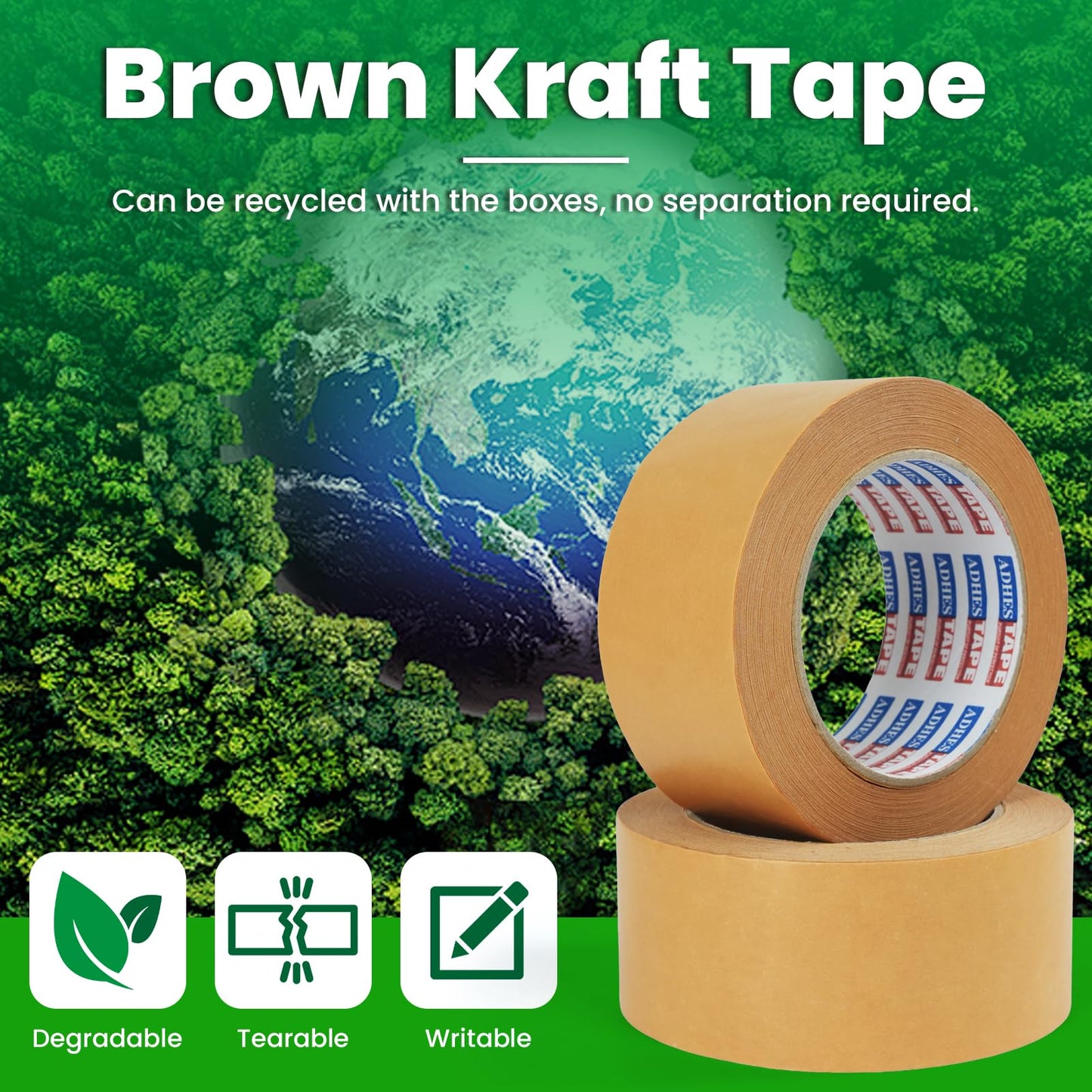 ADHES Kraft Paper Tape, 2 Inch x 44 Yards, 4 Rolls Writable & Uncoated Heavy Duty Paper Tape, Biodegradable Brown Packing Tape for Sealing, Packaging & Moving