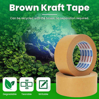 ADHES Kraft Paper Tape, 2 Inch x 44 Yards, 4 Rolls Writable & Uncoated Heavy Duty Paper Tape, Biodegradable Brown Packing Tape for Sealing, Packaging & Moving