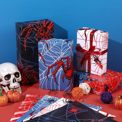 Pineraap 12 Sheets Spider Wrapping Paper, Spider Web Gift Wrap Blue Red Gift Packing for Boys Men Birthday Party DIY Crafts, 19.7 x 27.6 Inch