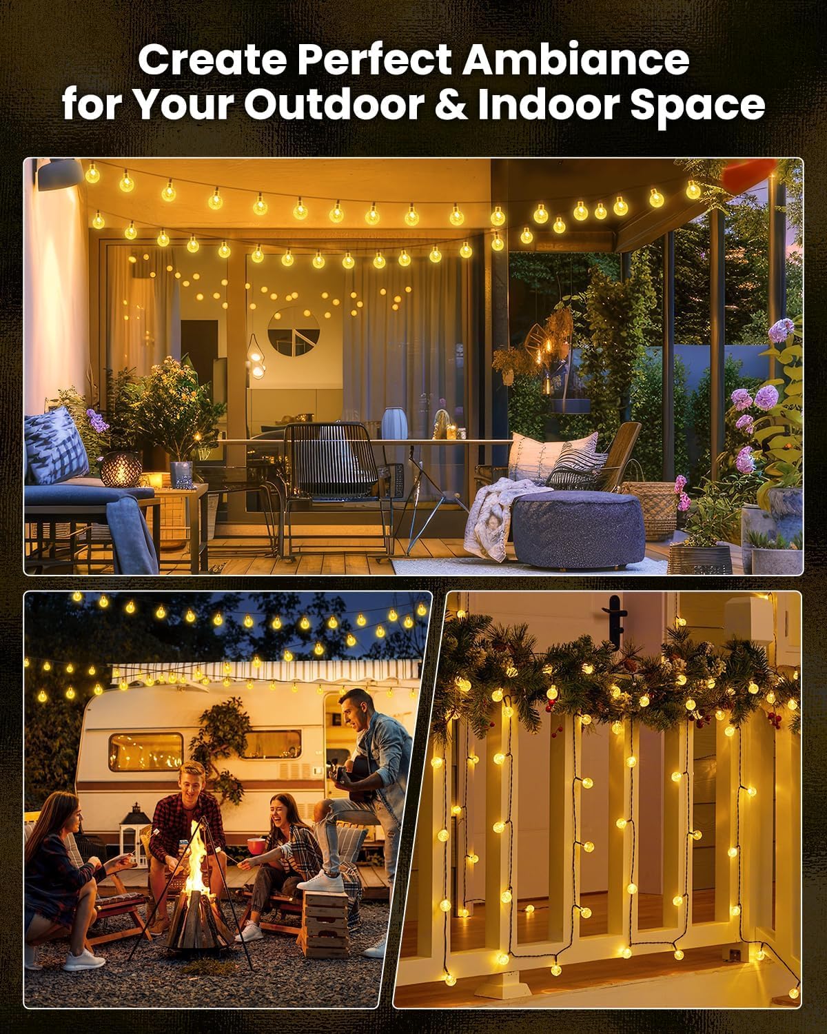 Solar String Lights Outdoor Waterproof, 2 Pack 60 LED 36.5 FT Each, Solar Powered Patio Lights with 8 Lighting Modes for Garden Yard Porch Wedding Party Decor (Warm White)