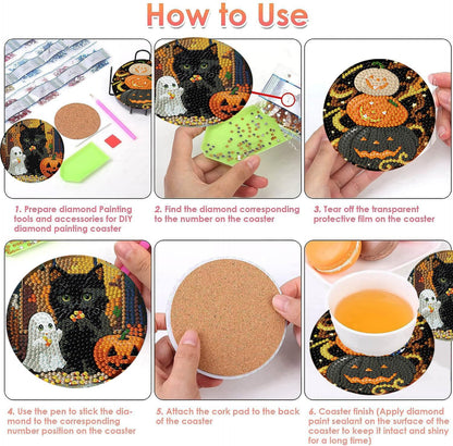 ijbnhd 8 Pack Halloween Diamond Art Coasters Kits, Halloween Diamond Painting Coasters Kit with Holder, DIY Diamonds Art Non Slip Coaster Crafts Kits for Adults Gifts 4x4 inch (Cork Wooden Pad)