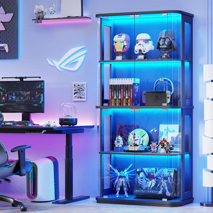 BROTTAR Rounded Display Cabinet with Glass Door, 4-Tier Curio Cabinet with Transparent Full-Display Surface for Collectibles, Glass Display Case with 3 Color Lights, Human Body Sensor, Black