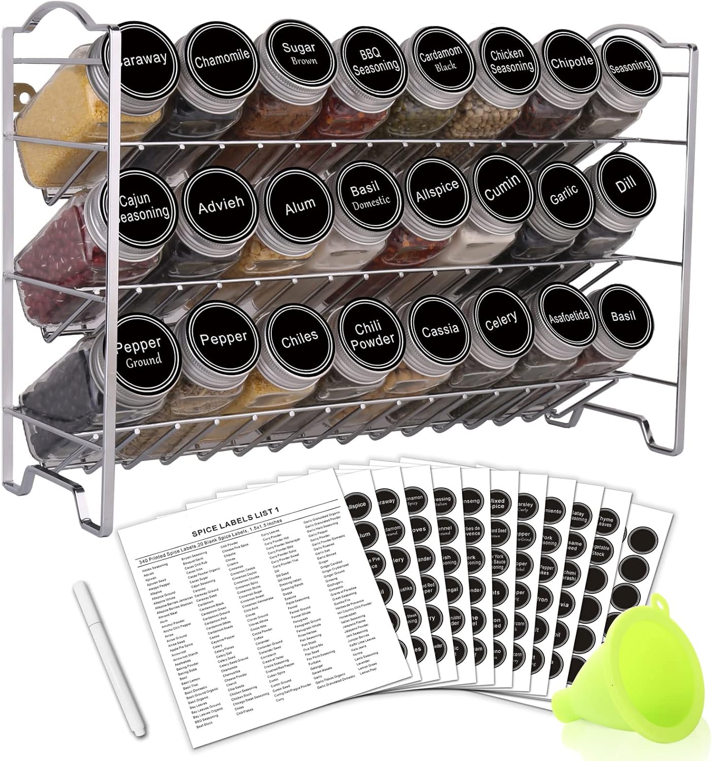SWOMMOLY 24 396 Set, Countertop, Spice Rack Organizer with Empty Glass Spice Jars, Spice Labels with Chalk Marker