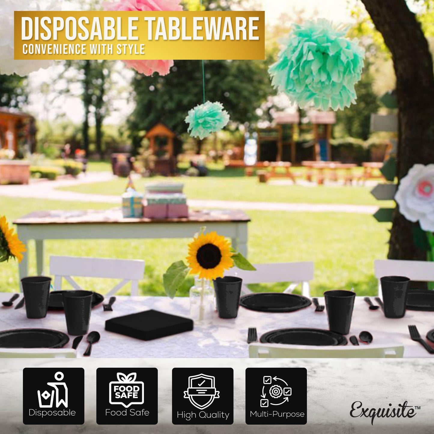 350 Pcs Black Plastic Plates For Party, Black Disposable Plates Set, 50 Of Each 9" Dinner Plate Set, 7" Dessert Plate, Cups, Napkins & Cutlery Plastic Dinnerware Party Solids
