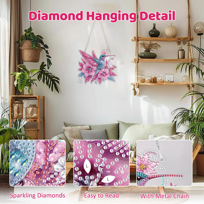 MEIYUDA Flowers Birds Diamond Art Hanging Kits for Adult, Hummingbird Diamond Painting Hanging Kits Ornaments, DIY Special Shaped Rhinestone Window Pendants kit for Home Garden Wall Decor Gift