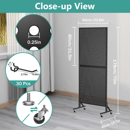 CursorTech Peg Board Display Stand with Extra 32 Hooks 24" X70” Metal Pegboard on Wheels and T-Base Standing Rack Organizer Units for Ornament Retail & Vendors Craft Show Store Display