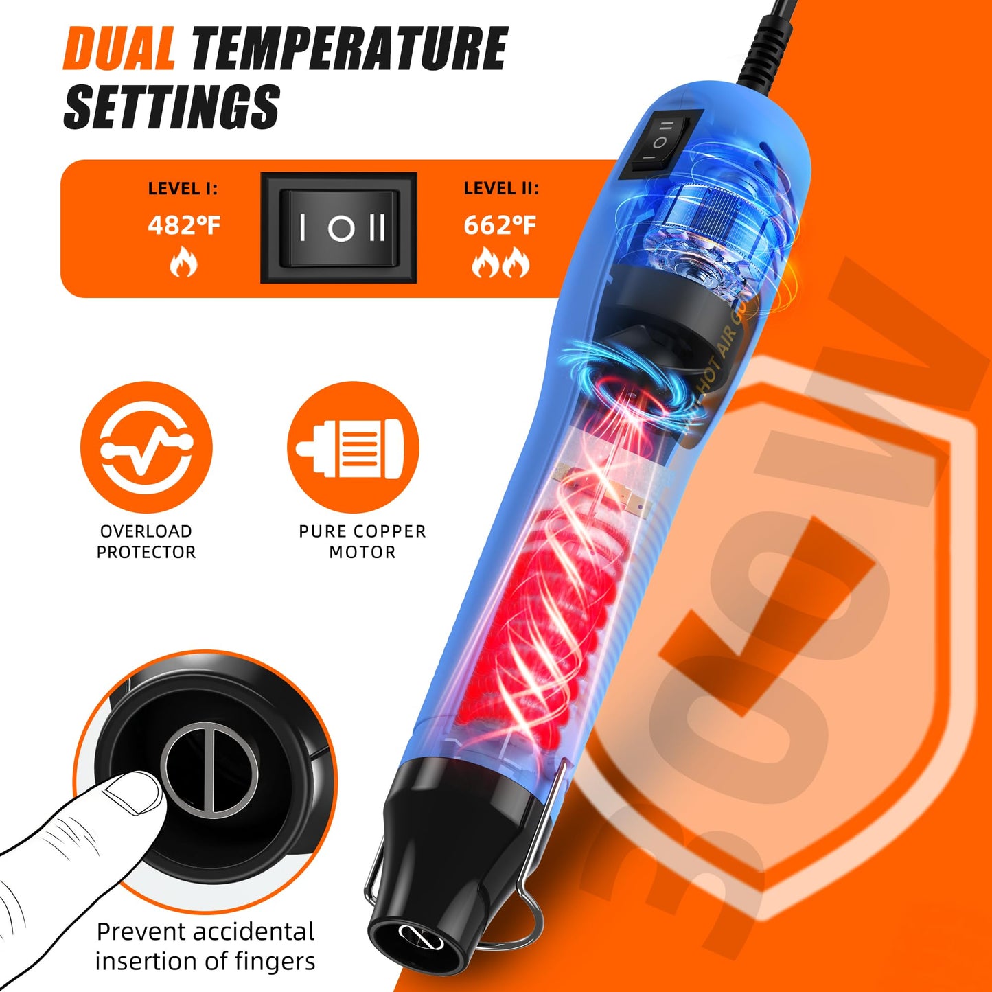 Mini Heat Gun, 2-Temp Settings 482℉ & 662℉（250℃&350℃） Fast Heat Hot Air Gun Tool and 5Ft Long Cable Overload Protection for Crafting, Vinyl Wrap and Shrink Tubing