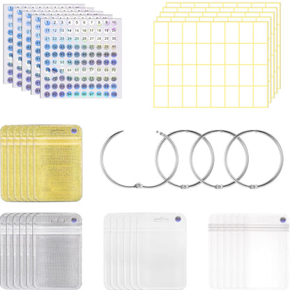 200 Pieces Diamond Painting Accessories Diamond Painting Tools Kit Storage Container Art Resealable Bags with 4 Round Binding Rings, 5 Sheets Number Stickers and 5 Sheets Sticker Label