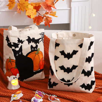 Perseverance Trade Trick or Treat Bag Halloween Candy Tote Bag 13"x13.78" with Embroidered Pumpkins and Black Cats Cute Reusable Canvas Bag for Halloween Party Gift Grocery Shopping