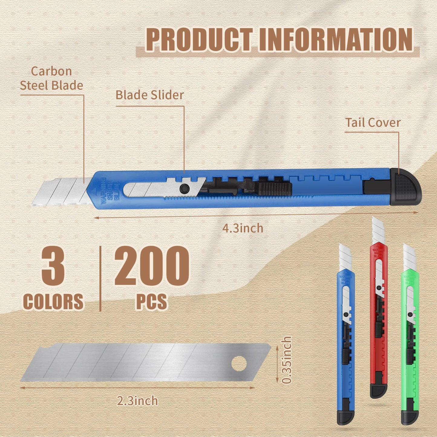 Lasnten 200 Pcs Box Cutter Utility Knife Small Retractable 9mm Wide Snap off Blade Knife Plastic Compact Box Opener with Sliding Lock Tools for Home Office Arts Crafts, 3 Colors