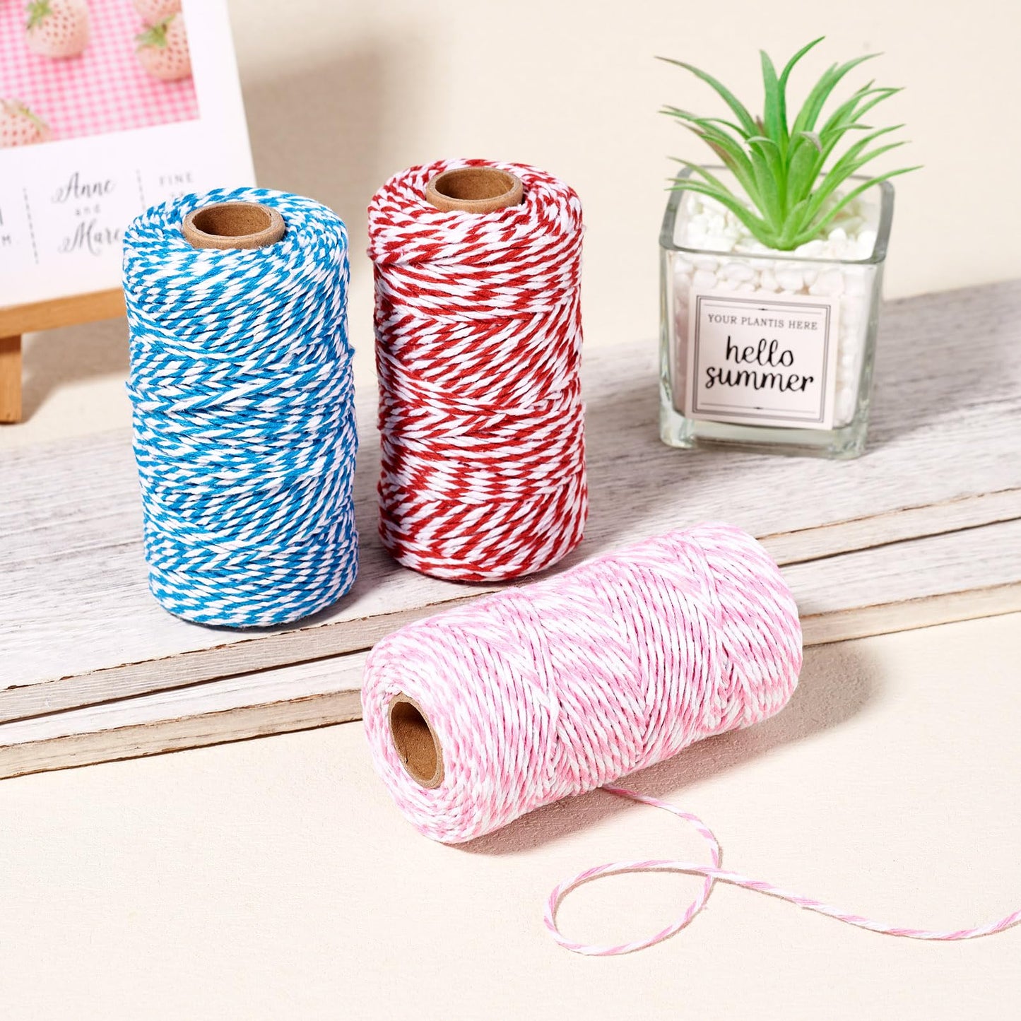 Elecrelive 3 Rolls Macrame Cords 2mm Natural Cotton Twine 8 Strand Twisted String Blue Red Cotton Macrame Rope Macrame Supplies Kit for Jewelry Bracelet Sewing Wedding Gift Wrapping