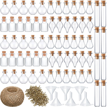 Honeydak 100 Pcs Small Mini Glass Bottles Jars with Cork Stopper Set Potion Bottle Tiny Refillable Wishing Bottles Drifting Bottle with Eye Screw Funnel Rope for DIY Bead Containers, 5 Shapes