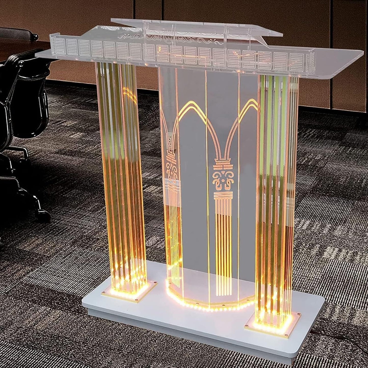 CAMBOS Lectern Podium Stand, Clear Podium Stand Clear Acrylic Podium with Rollers LED Lighted Podium Stand Classroom Decoration for Company Dining Table Furniture School