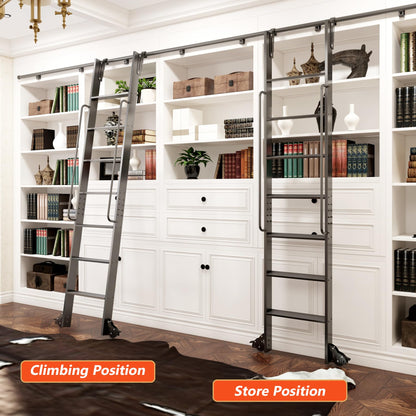 DIYHD 96" Lightweight Sliding Library Ladder with Handrail, Rolling Bookshelf Ladder with 4FT Rail System, Telescopic Top Hook, Upright Space-Saving Storage Design, 8 Steps, 300 Pound Capacity, Black