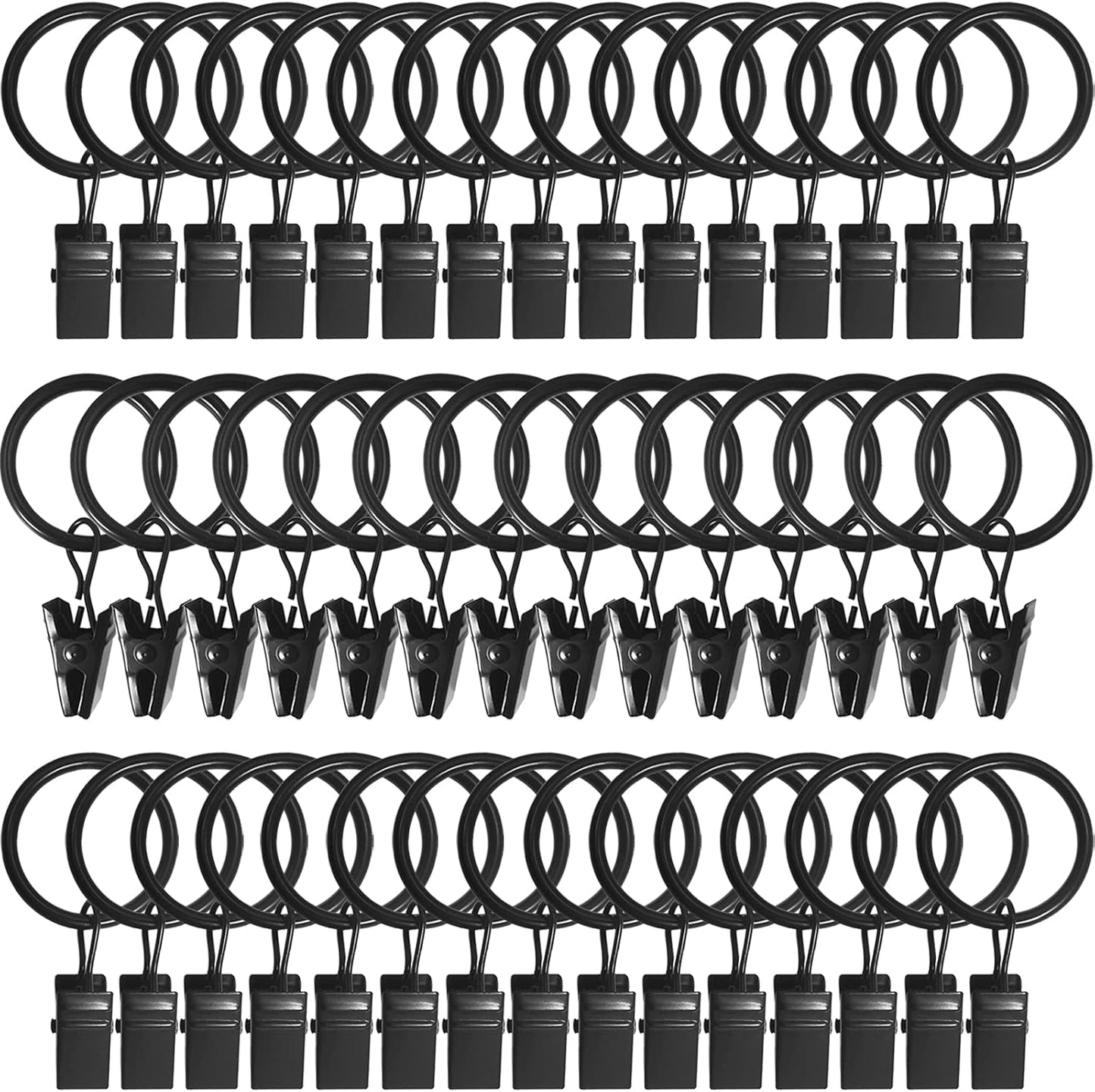 44 Pack Metal Curtain Rings with Clips | Drapery Clips with Rings | Fits Diameter 6/8 in Curtain Rod, Black