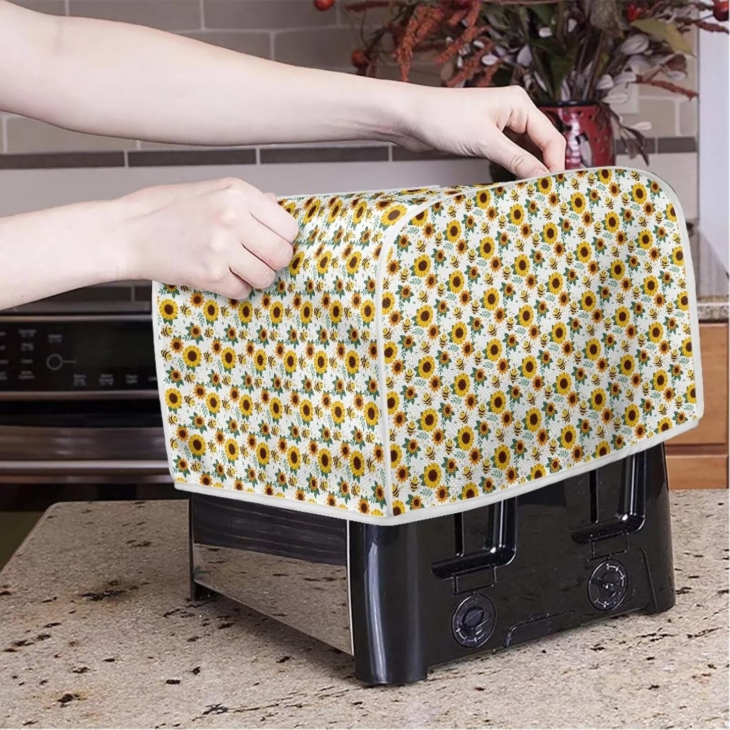 Sunflower Bee 2 Slice Toaster Cover, Machine Washable Polyester Kitchen Decor, Greasy Protector, Dust Cover