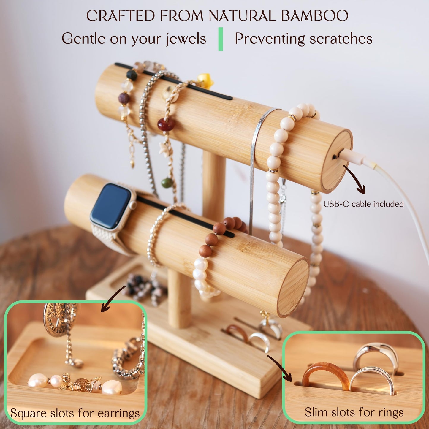 LED Bamboo Jewelry Organizer Stand - Bracelet Holder, Jewelry Organizers and Storage for Necklace, Watch, Earring, Ring - Built-in LED Light Natural Wooden Jewelry Display Stand for Dresser Decor