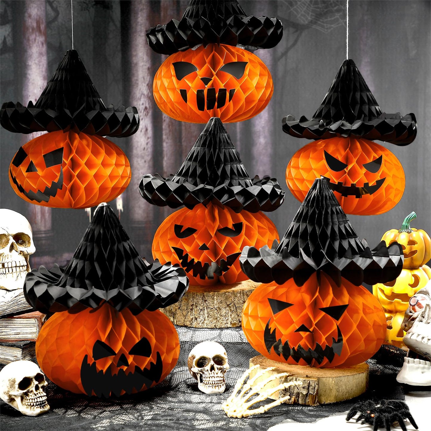 Fourluoo 6 Pcs Large Halloween Pumpkin Witch Hat Honeycomb Centerpieces 9.84 x 11 Inch Thanksgiving Paper Honeycomb Decorations 3D Table Decor for Fall Tailgate Party