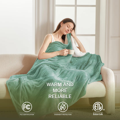 Heat Blanket 50”x60” Throw,Soft Flannel & Sherpa Reversible Electric Blanket with 10 Heat Settings,12 Timer Setting and 3 Hours Auto-Shut Off,ETL Certified Machine Washable,Light Brown
