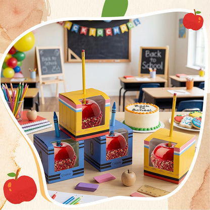 Eaasty 120 Pack Back to School Gifts Boxes Bulk Candy Treat Boxes for Students 4" Pencil Crayon Pattern Box with Clear Window for Back to School Classroom Parties Halloween Favors
