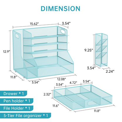 SUPEASY Desk Organizer with File Holder, 5-Tier Mesh Paper Letter Tray Organizer with Pen Holder and Drawer, Desktop Organizer and Storage with 3 Tilted File Sorter for Office Supplies, Blue