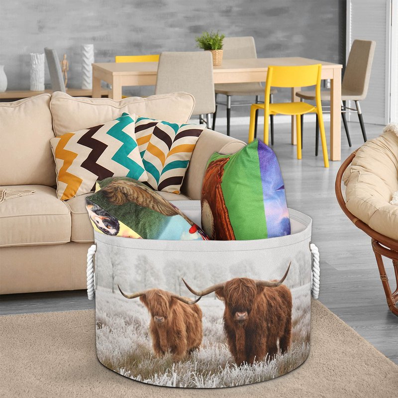 PAYOHTO Scottish Highland Cow Laundry Hamper Basket with Handles,Cotton Rope Woven Storage Bin for Clothes,Nursery Hamper,Toy Box,Clothe Socks Blanket Storage Organizer,Large Capacity 20Dx13.9H Inches