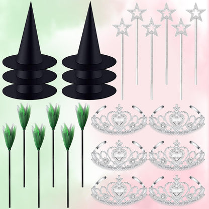 Yoloodayy 24 Pcs Witch Hats Brooms and Princess Crowns Star Wands Set Glitter Princess Accessories for Adults Witch Party Supplies Christmas Pink Green Party Decor Photo Props