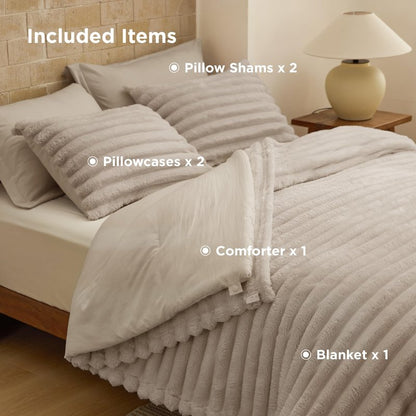 Bedsure Gentlesoft™ 2-in-1 King Size Comforter Set and Detachable Fluffy Blanket, Beige Bedding Set for All Season Use, Detachable Design for Space Saving (Includes 2 Pillow Shams, 2 Pillowcases)
