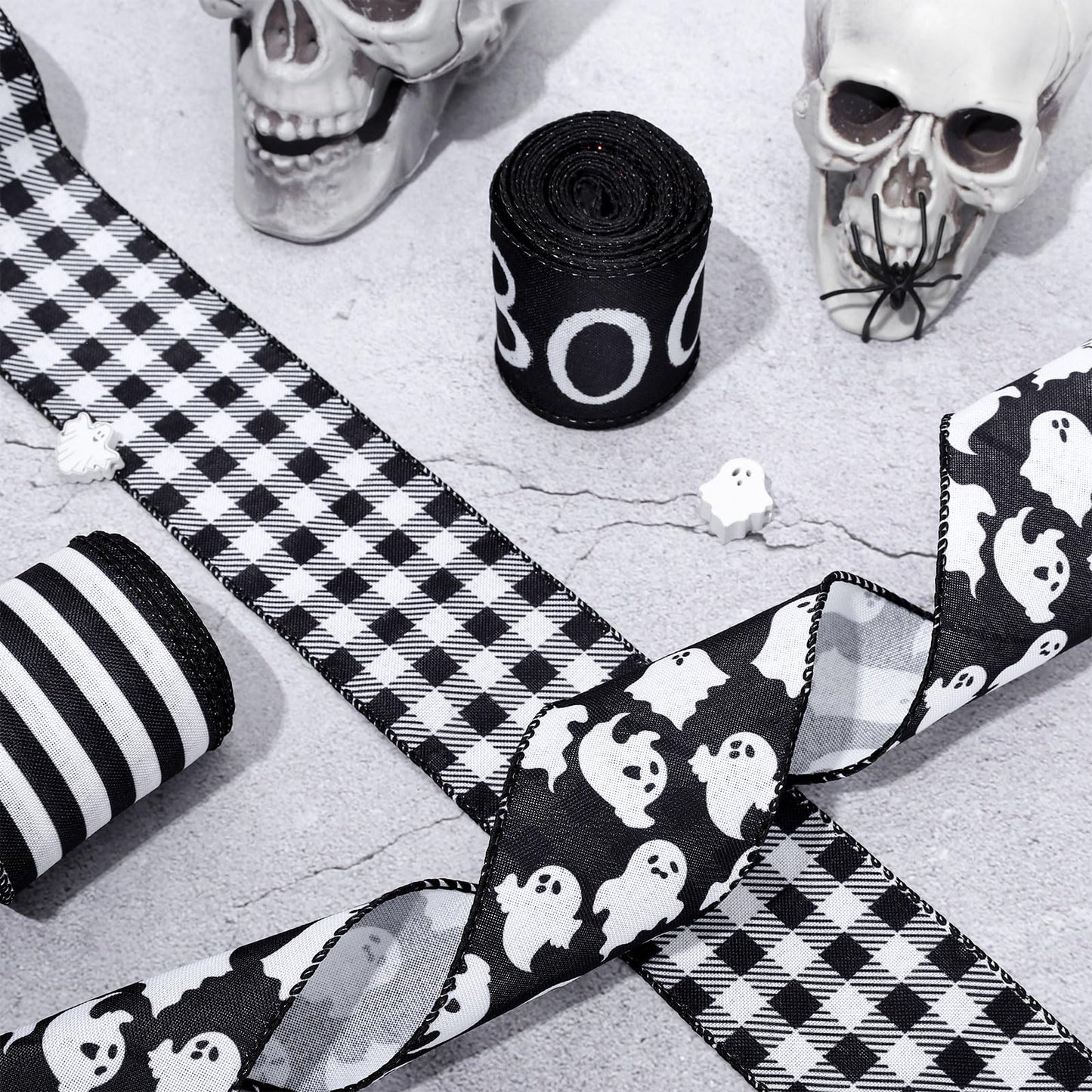 Whaline 4 Rolls Halloween Wired Ribbon Black White Ghost Pattern Gift Wrapping Ribbon Buffalo Plaid Stripe Decorative Ribbons for Crafts Bow Wreath Gift Wrapping Halloween Party Decor, 24 Yards