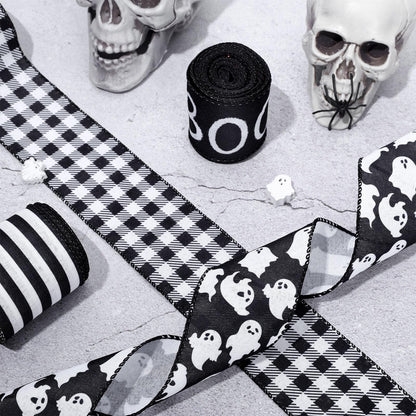 Whaline 4 Rolls Halloween Wired Ribbon Black White Ghost Pattern Gift Wrapping Ribbon Buffalo Plaid Stripe Decorative Ribbons for Crafts Bow Wreath Gift Wrapping Halloween Party Decor, 24 Yards
