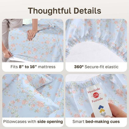 California Design Den Bed Sheets - Soft Cotton Cal King Set, 400 TC, Award-Winning Sateen Finish - Floral Blue/Pink