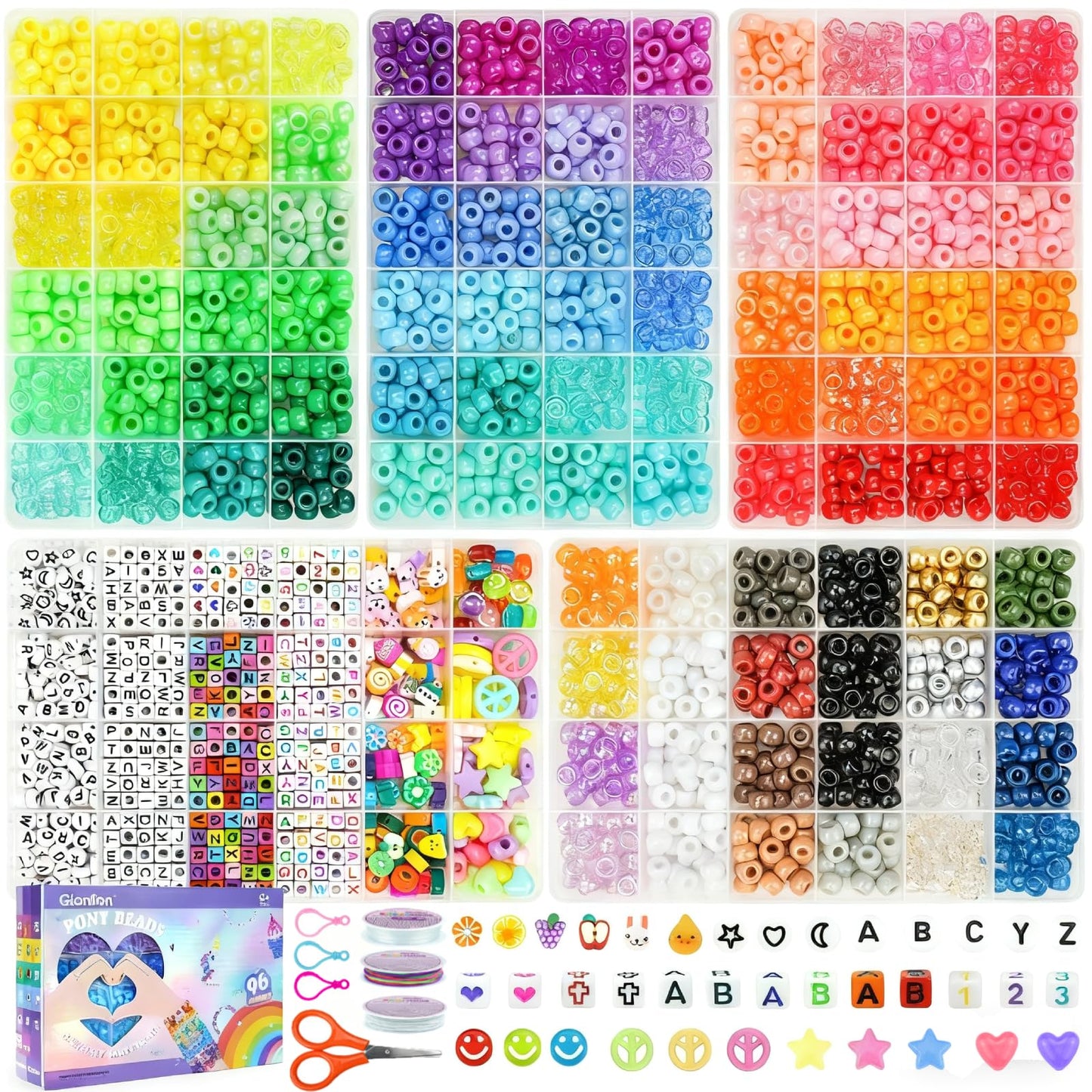 Gionlion 96 Colors 3550 Pcs Pony Beads Bracelet Making Kit, 5 Boxes Friendship Bracelet Kit with Letter Beads 6x9mm Rainbow Bead for Bracelets Jewelry Keychain Making Kit, Mothers Day Gifts Gifts