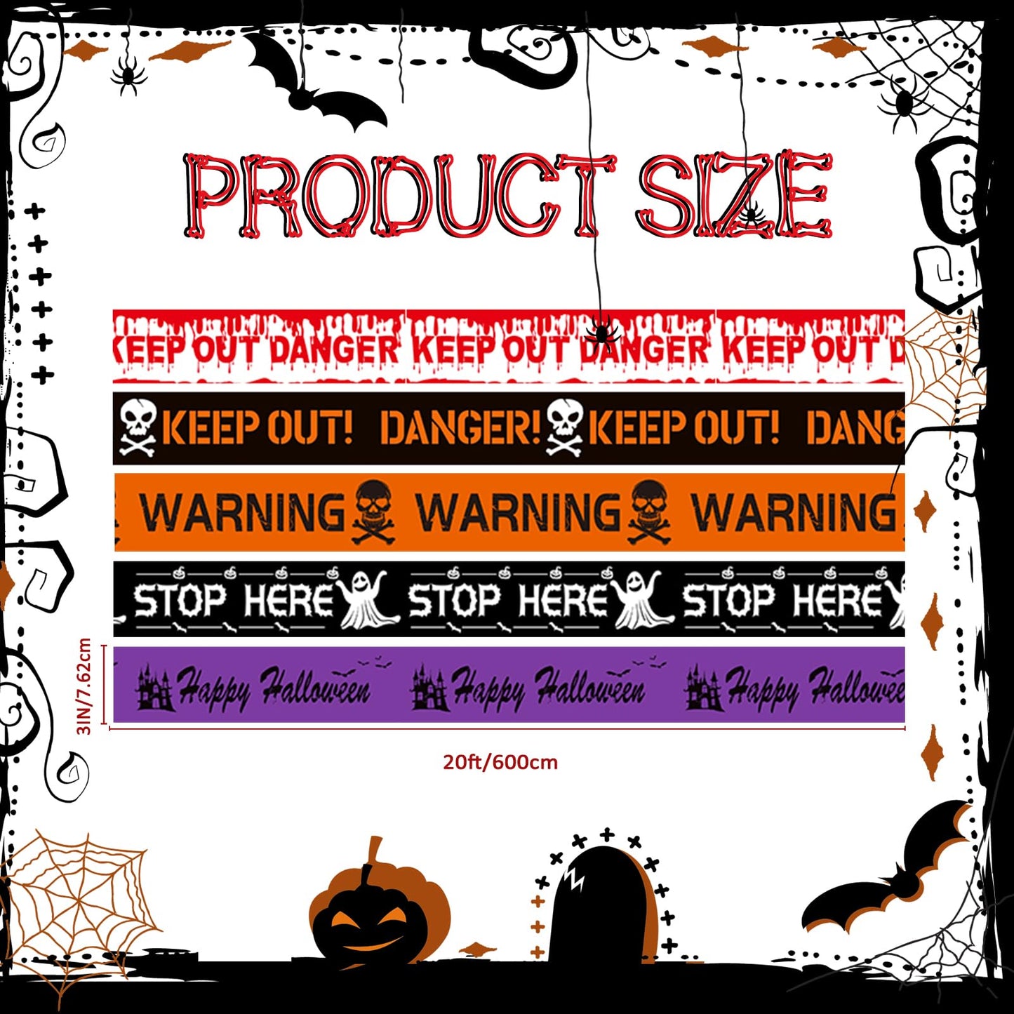 OZIO 5 Rolls Halloween Decorations Caution Tape, 100 ft Reusable Glue-Free Warning Tape, Creepy Scary Decoration Fright Tape Spooky Party Haunted House Props for Haunted Houses, Vampire Parties