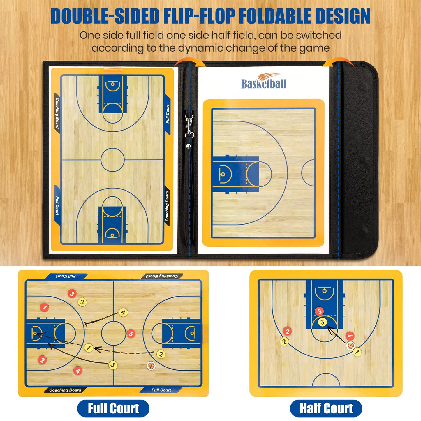 Foldable Basketball Coaching Board, Magnetic Tactics Clipboard with Dry Erase Marker and Magnetic Markers, Portable Lightweight Strategy Board for Coaches Training and Matches, Great Gift for Coach