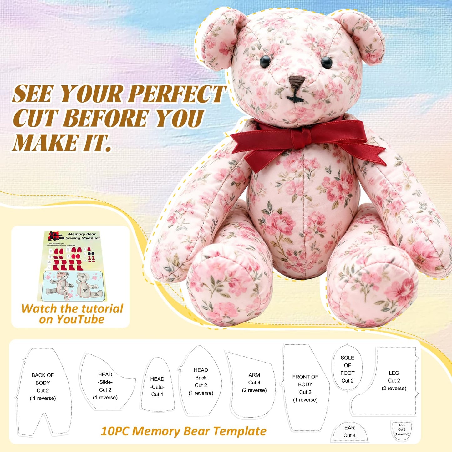 15IN Memory Bear Sewing Patterns Template Ruler Set with Instruction Manual, Memory Bear Patterns Templates for Sewing