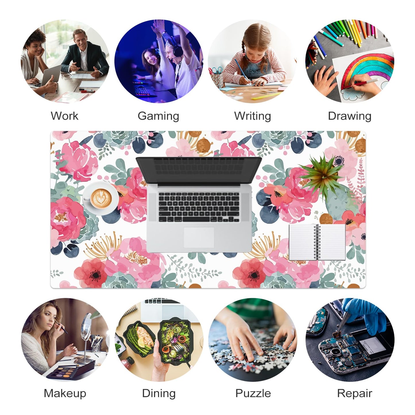 QIYI Large Mouse Pad, Pink Floral Desk Mat for Desktop, Women Girls PU Leather Waterproof Gaming Mousepad, Computer Laptop Desk Accessories Protector Writing Pads for School Office Home 31.5" x 15.7"