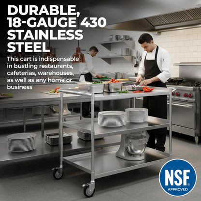 3 Shelf Stainless Steel Tubular Utility Cart | Metal Utility Cart on Wheels with Handle | NSF Certified | (15" Wide X 24" Long X 33" High)