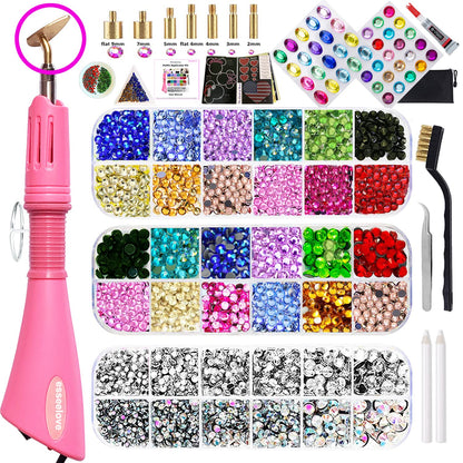 esseelove Bedazzler Kit with Rhinestones, Hotfix Applicator Tool, DIY Hot Fix Rhinestone Bedazzling kit, 3560 Rhinestones for Crafting, Crystal AB, Clear, 14 Colors, w/Self-Adhesive Gems